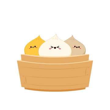 recommend clip art: Dim sum, traditional Chinese dumplings, in bamboo steamer basket. Asian food vector illustration. Baozi or bao is Chinese food. Baozi or bao cartoon.