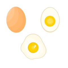 Vector illustration of fried, hard-boiled, half, sliced, whole eggs. Cartoon chicken eggs in various shapes. Great for web logos, book covers and poultry advertising posters.