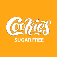 Cookies sugar free, a cookie with the dark chocolate chip, hand lettering,  vector illustration. Logo on beige background. Bitten cookie. Cartoon Style for a card, packaging, Banner, Flyer, Sticker.