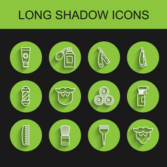Set line Hairbrush, Shaving, Cream or lotion cosmetic tube, Mustache and beard, Hairdresser pistol spray bottle and Towel rolls icon. Vector