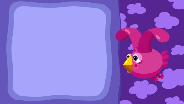 Cartoon character violet pink yellow bird flying loop animation for titles. Good for fairy tales, illustration, etc...  Flying animal character, stars and clouds. Cute intro frame, seamless loop.