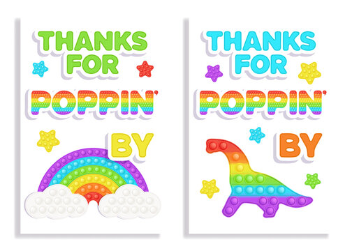 Set of 2 Birthday Popit rainbow favor cards in fidget toy style. Pop it party design as a trendy silicone toy for fidget in bright color. Bubble sensory dinosaur on favor tag for gift wrap. Vector