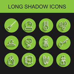 Set line Mantle, cloak, cape, Ancient magic book, Witches broom, Magic stone, Magician, Skull, Spell and Dream catcher with feathers icon. Vector