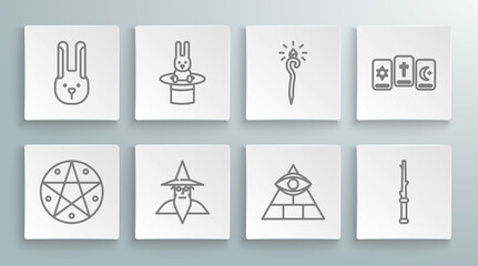 Set line Pentagram in a circle, Magician hat and rabbit, Wizard warlock, Masons, wand, staff, Three tarot cards and Rabbit with ears icon. Vector