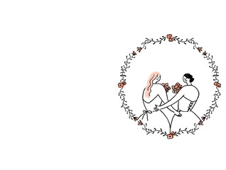 レズビアンカップルの結婚式、フラワーフレーム、テキストなし（横、右配置）