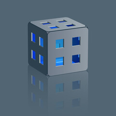 Realistic cube with reflection. Vector illustration of a cube with windows on the sides. Background for creativity.