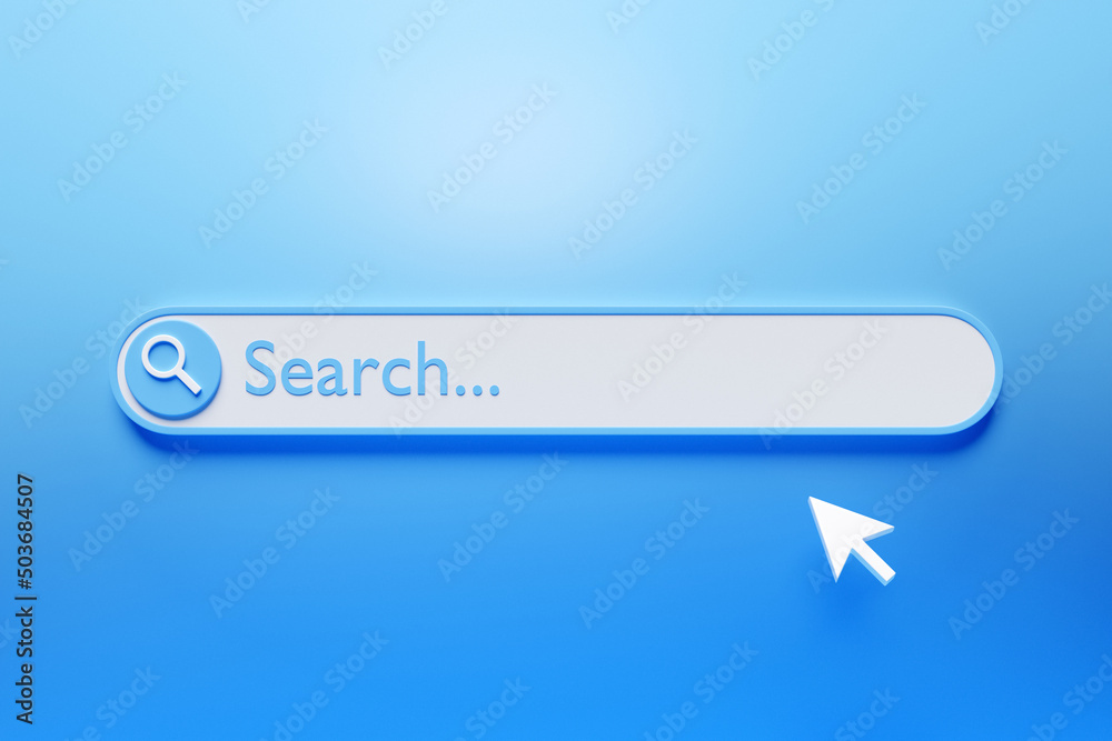 Fototapete 3D illustration, Search bar design element on a blue background. Search bar for website and user interface, mobile applications.