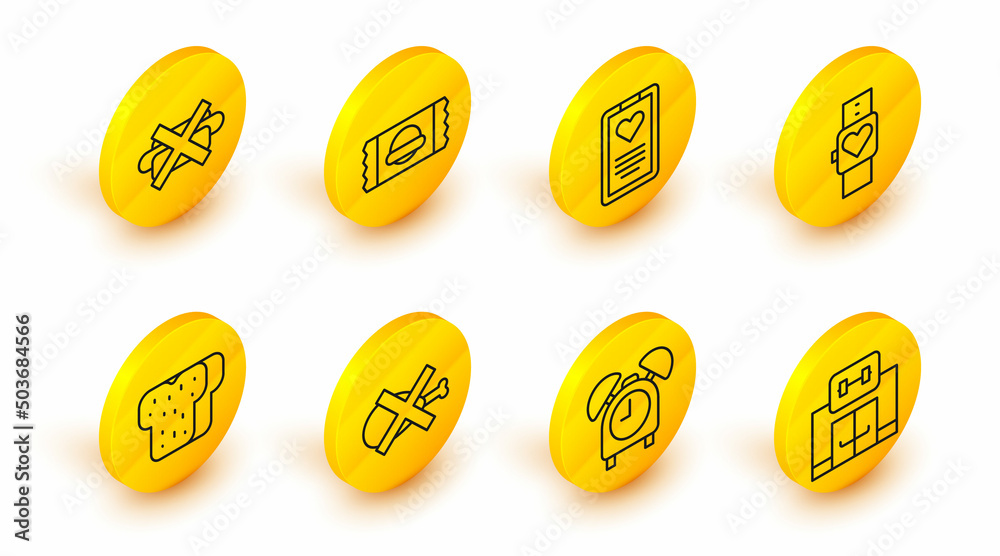 Sticker Set line Gym building, Alarm clock, No meat, Bread toast, Smart watch, Medical clipboard, Sports nutrition and junk food icon. Vector