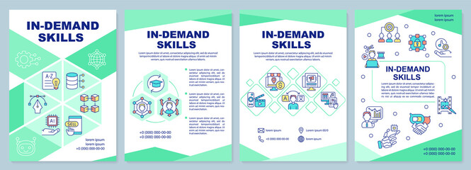 In demand skills mint brochure template. Learning for remote jobs. Leaflet design with linear icons. 4 vector layouts for presentation, annual reports. Arial-Black, Myriad Pro-Regular fonts used