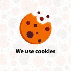 We use cookies files, cookie with the dark chocolate chip, hand lettering,  vector illustration. Logo on cookies background. Bitten cookie. Cartoon Style for a card, packaging, Banner, Flyer, Sticker.
