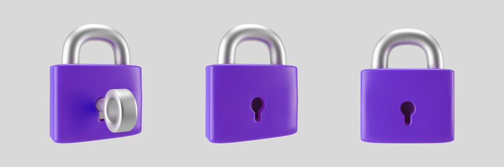 3d purple locked padlock icon set with key isolated on gray background. Render minimal closed padlock with a keyhole. Confidentiality and security concept. 3d cartoon simple vector illustration.