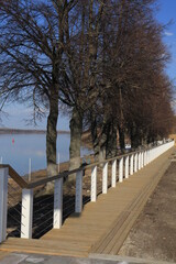 Embankment of the Volga river with a wooden footpath and trees planted along it in a row in the Mariinsky Posad town in Chuvashia.