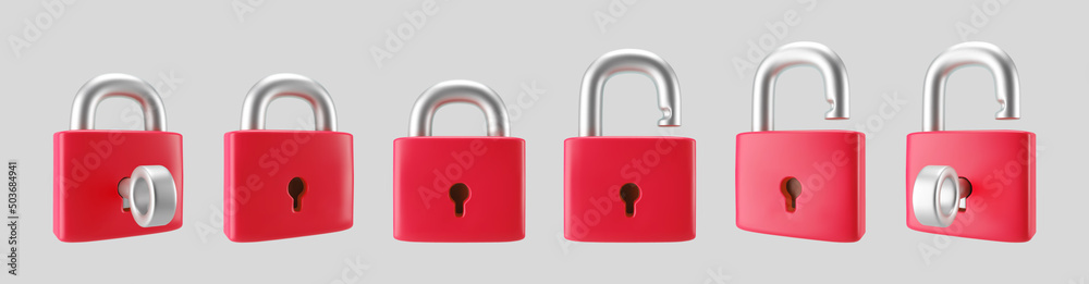 Wall mural 3d red locked and unlocked padlock icon set with key isolated on gray background. render minimal pad