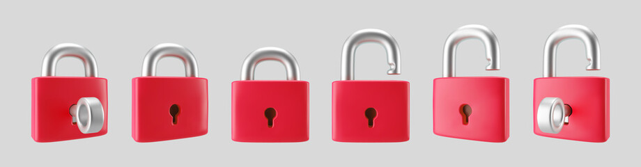3d red locked and unlocked padlock icon set with key isolated on gray background. Render minimal padlock with a keyhole. Confidentiality and security concept. 3d cartoon simple vector illustration.