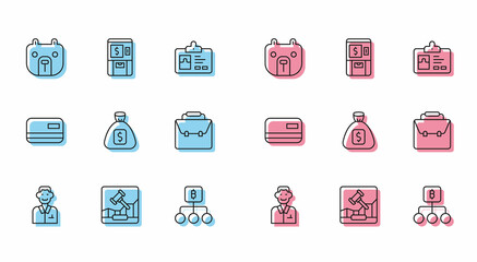Set line Trader, Online internet auction, Bear market, Blockchain technology Bitcoin, Money bag, Briefcase, Credit card and ATM and money icon. Vector