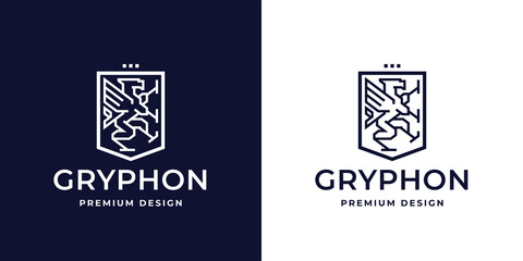 Gryphon logo crest design. Griffin shield line icon. Mythical winged beast business symbol. Premium mythical creature heraldry emblem. Vector illustration.