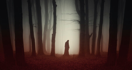 mysterious cloaked figure in dark haunted forest at night