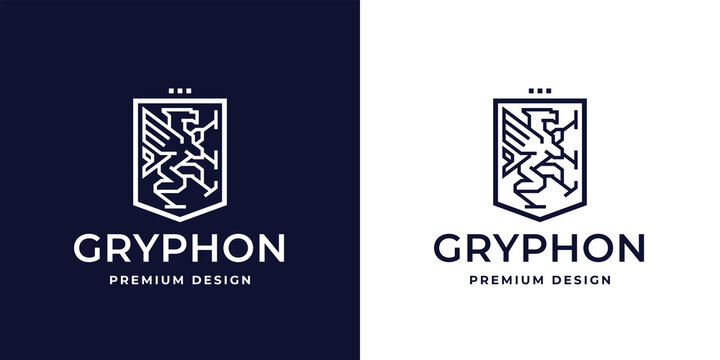 Gryphon logo crest design. Griffin shield line icon. Mythical winged beast business symbol. Premium mythical creature heraldry emblem. Vector illustration.