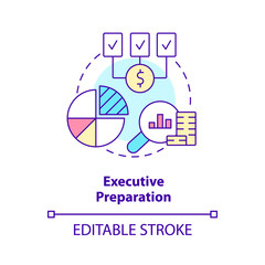 Executive preparation concept icon. Present and defend budget plan. Budgeting process abstract idea thin line illustration. Isolated outline drawing. Editable stroke. Arial, Myriad Pro-Bold fonts used