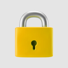 3d yellow locked padlock icon isolated on gray background. Render minimal closed padlock with a keyhole. Confidentiality and security concept. 3d cartoon simple vector illustration
