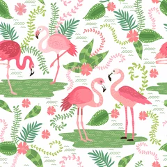 Papier Peint photo Flamingo pink flamingos in different poses. seamless pattern. vector image.  background with exotic birds, tropical plants, flowers and leaves