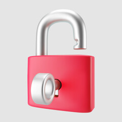 3d red unlocked padlock icon with key isolated on gray background. Render minimal open padlock with a keyhole. Confidentiality and security concept. 3d cartoon simple vector illustration