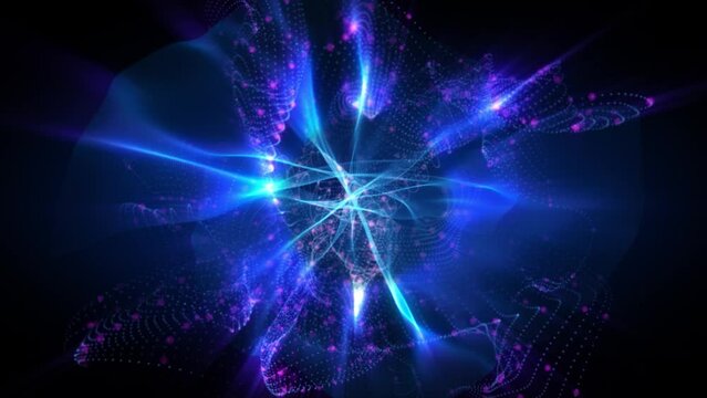 Abstract scientific fantasy background energy wave form shiny particles light projections rays loop