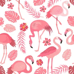 Fototapete Flamingo pink flamingos in different poses. seamless pattern. vector image.  background with exotic birds, tropical plants, flowers and leaves