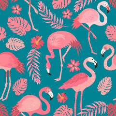 pink flamingos in different poses. seamless pattern. vector image.  background with exotic birds, tropical plants, flowers and leaves
