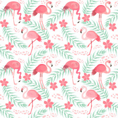 Fototapeta na wymiar pink flamingos in different poses. seamless pattern. vector image. background with exotic birds, tropical plants, flowers and leaves