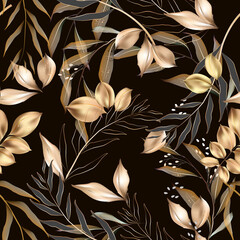 Vector seamless pattern with gold  leaves. Exotic botanical background design for cosmetics, spa, textile. Best as wrapping paper, wallpaper.