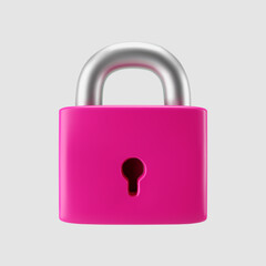 3d pink locked padlock icon isolated on gray background. Render minimal closed padlock with a keyhole. Confidentiality and security concept. 3d cartoon simple vector illustration