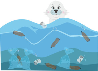Vector illustration of a small animal seal in a polluted ocean. There is a lot of garbage 