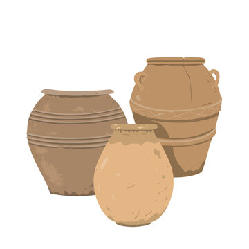 Old clay pot set composition. Antique terracotta pottery vector collection, design element for home or patio decor isolated on white.