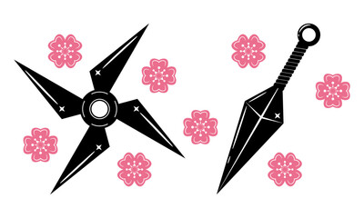 Ninja weapon kunai blade and shuriken star with pink sakura flowers japanese style flat vector icon design. © Jedsada Naeprai