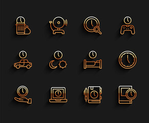Set line Clock, Laptop time, Waste of, Daily paper notepad, Time for book, Day and night with, and sleep icon. Vector
