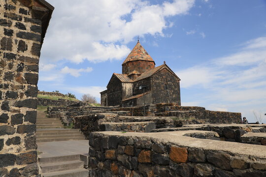 The churches and walls in the ancient Sevanavank monastery on Sevan lake in Armenia.