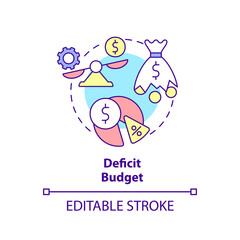 Deficit budget concept icon. Expenses exceed revenue. Budgeting classification abstract idea thin line illustration. Isolated outline drawing. Editable stroke. Arial, Myriad Pro-Bold fonts used