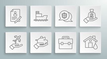 Set line Plane in hand, Ship, Piggy bank, Briefcase, House flood, Location shield, Money and Document with icon. Vector