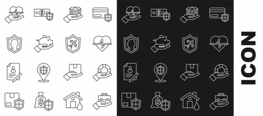 Set line Hand holding briefcase, Lifebuoy hand, insurance, House, Piggy bank, with shield, and Plane icon. Vector