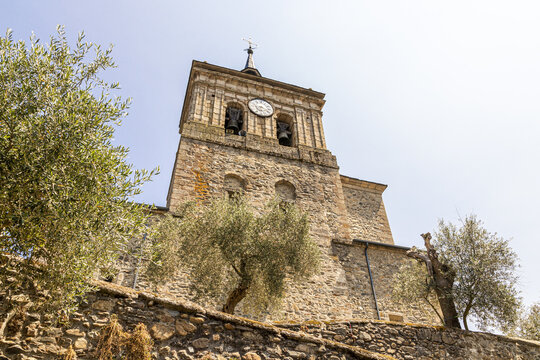 Clock tower of the Church of Saint Nicholas of Bari in Molinaseca, Leon, Spain