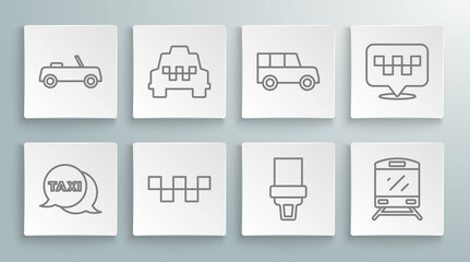 Set line Taxi call telephone service, car, roof, Safety belt, Train, Car, Location with taxi and icon. Vector
