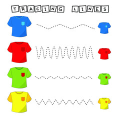 Trace line worksheet with  t-shirt  for kids, practicing fine motor skills.  Educational game for preschool children. 