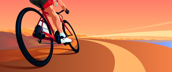 A cyclist on a road bike rushes forward. Sunset on the background, dynamic vector illustration. banner