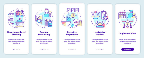 Budgeting process onboarding mobile app screen. Planning, implementation walkthrough 5 steps graphic instructions pages with linear concepts. UI, UX, GUI template. Myriad Pro-Bold, Regular fonts used