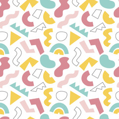 Modern geometric seamless pattern with abstract shapes in yellow, pink, turquoise and black line on white background. Design for textile, fabrics, wrapping paper and scrapbooking.