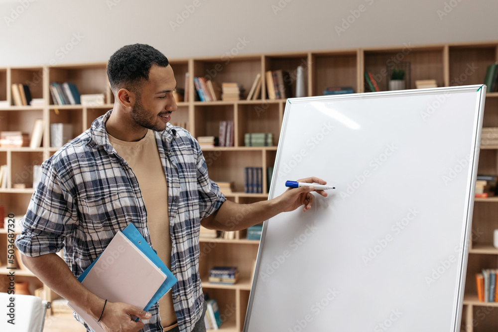 Poster presentation concept. professional arab male manager standing near blank empty whiteboard and writin