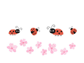 Set of cherry blossom Sakura flower and ladybug cartoons isolated on white background vector illustration. © Thanawat
