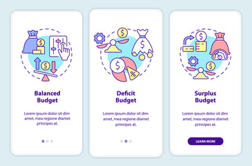 Budget classification onboarding mobile app screen. Financial plan walkthrough 3 steps graphic instructions pages with linear concepts. UI, UX, GUI template. Myriad Pro-Bold, Regular fonts used
