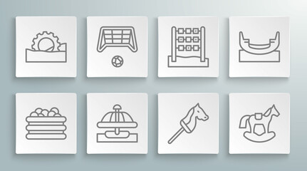 Set line Pool with balls, Soccer goal, Attraction carousel, Toy horse, Horse in saddle swing, Tic tac toe game, Boat and Ferris wheel icon. Vector
